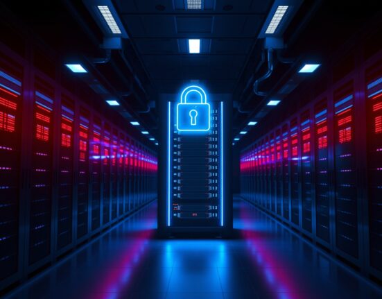 A dark server room with a glowing broken lock icon over a server rack, representing a security breach in a DeFi protocol.