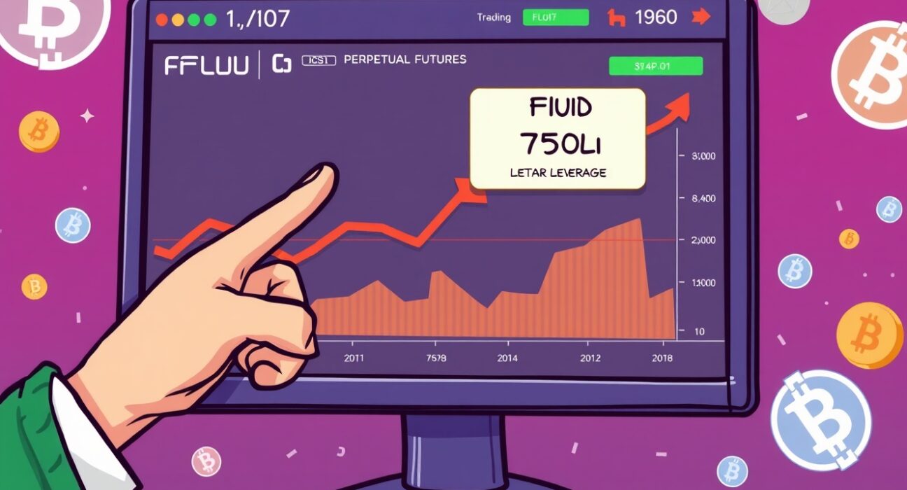 Cartoon illustration of a trader interacting with FLUID perpetual futures on a digital platform, symbolizing high-leverage crypto trading.