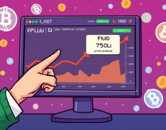 Cartoon illustration of a trader interacting with FLUID perpetual futures on a digital platform, symbolizing high-leverage crypto trading.