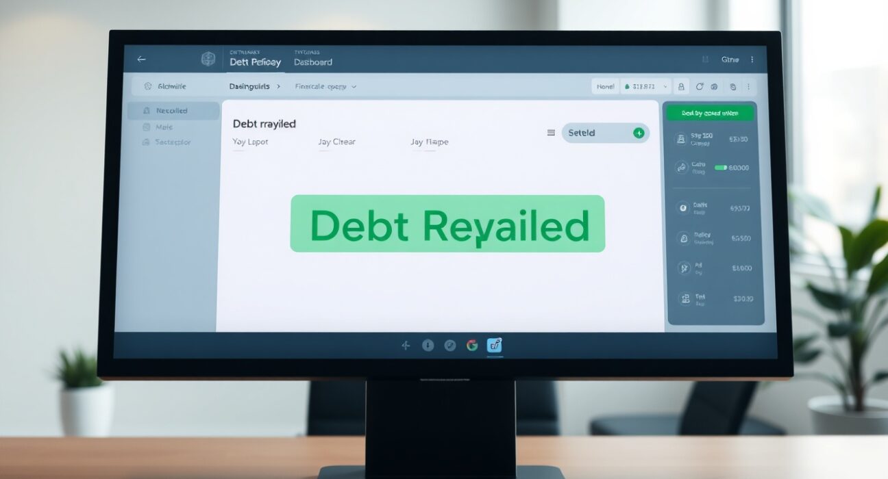 Digital dashboard showing a debt repaid notification on a screen in a modern office setting