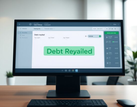 Digital dashboard showing a debt repaid notification on a screen in a modern office setting