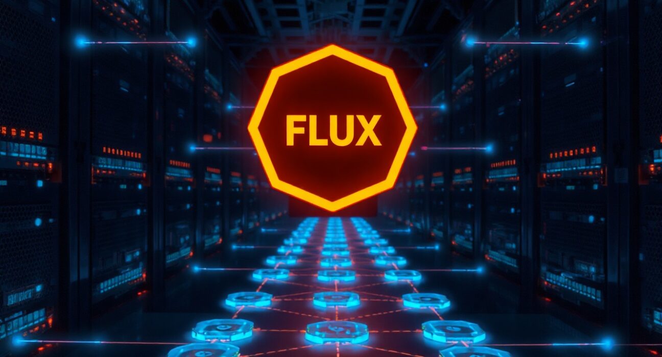 Digital cloud network with Flux token symbol representing decentralized computing and FLUX price analysis.