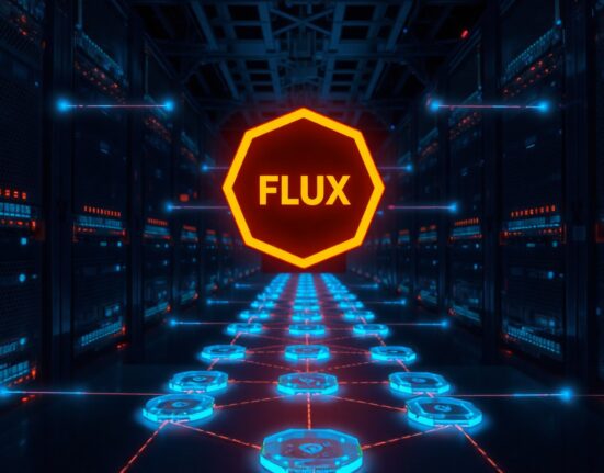 Digital cloud network with Flux token symbol representing decentralized computing and FLUX price analysis.