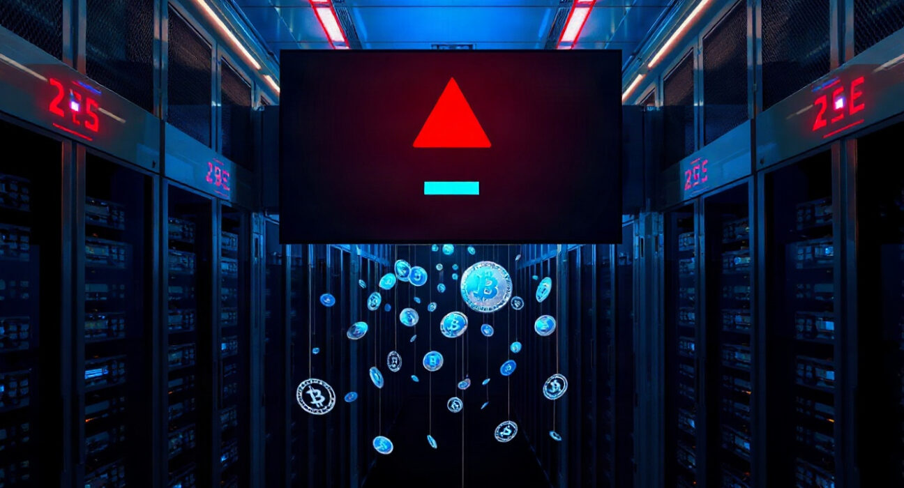 Digital screen in a server room showing a security alert with tokens falling into a dark void