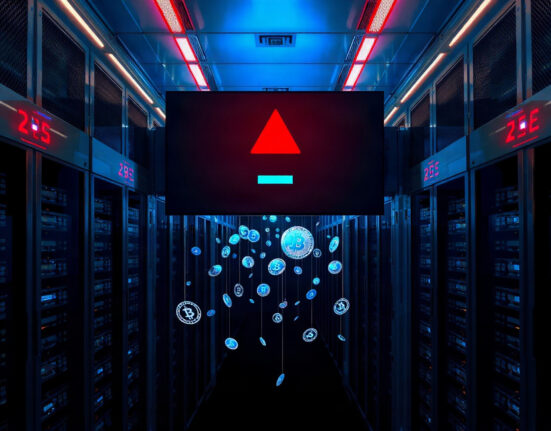 Digital screen in a server room showing a security alert with tokens falling into a dark void