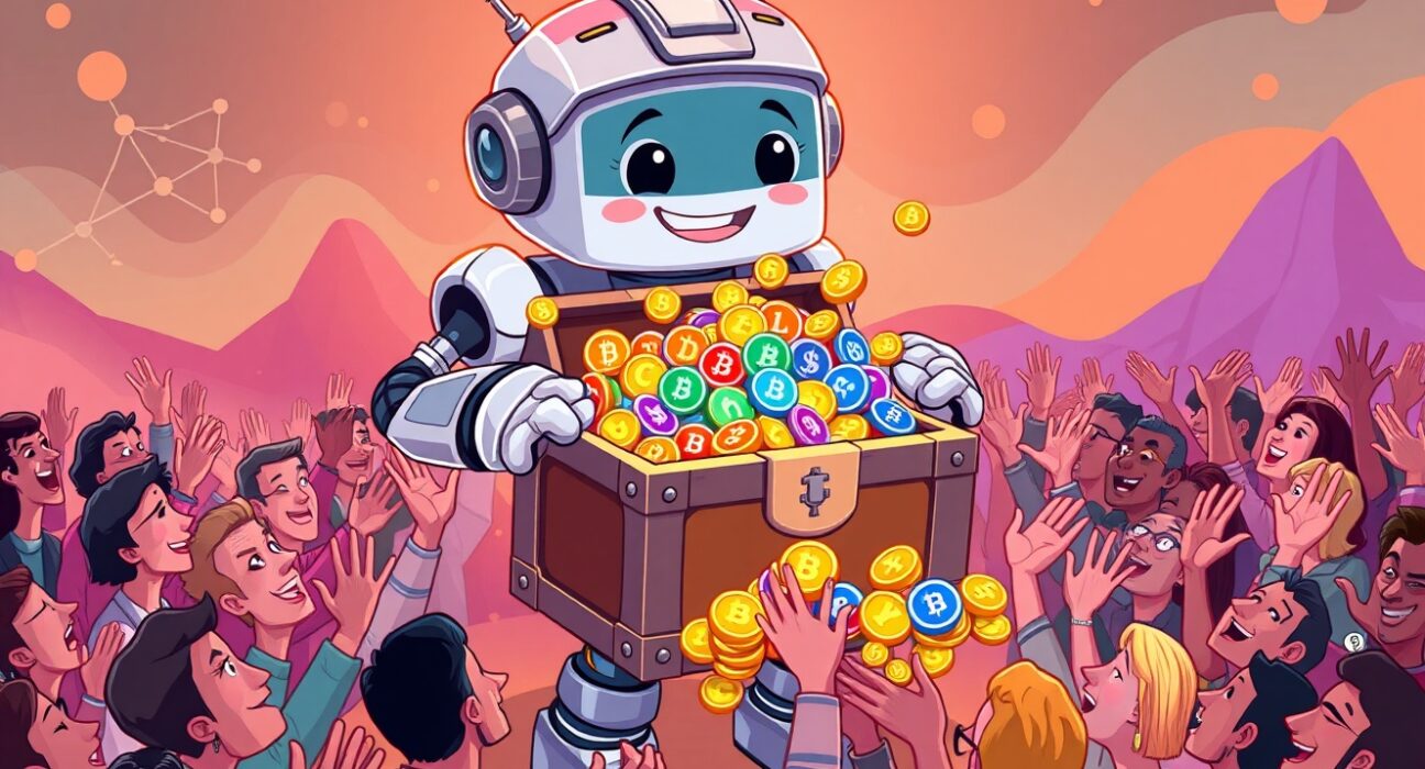 A vibrant cartoon illustrating the generous FOGO token airdrop to a happy community.