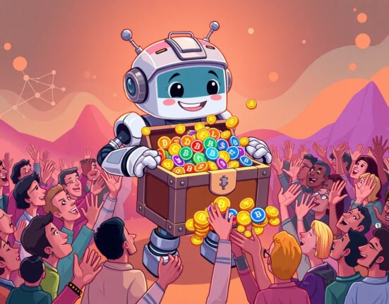 A vibrant cartoon illustrating the generous FOGO token airdrop to a happy community.
