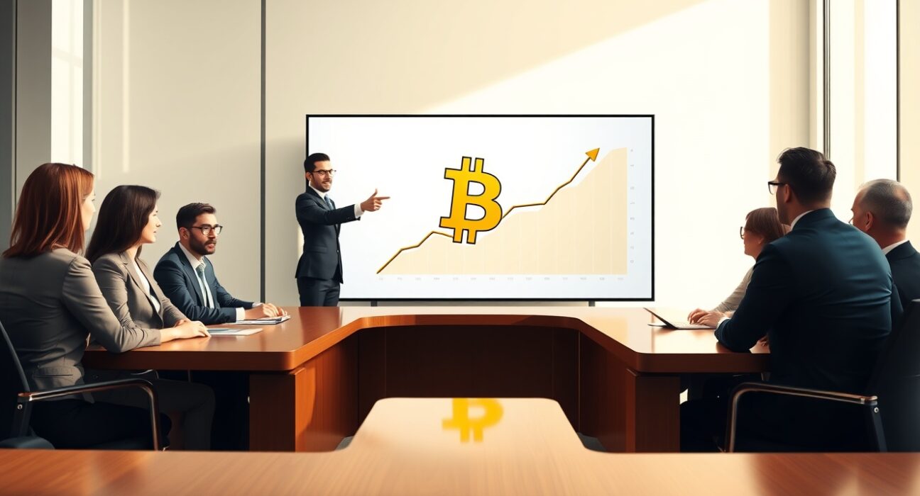 Fold corporate BTC bonus program illustration showing professionals in a boardroom with Bitcoin on screen