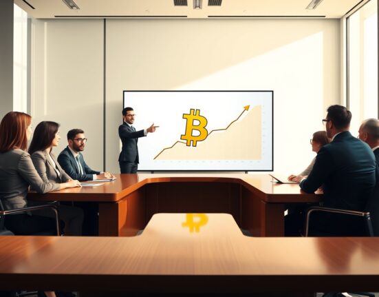 Fold corporate BTC bonus program illustration showing professionals in a boardroom with Bitcoin on screen