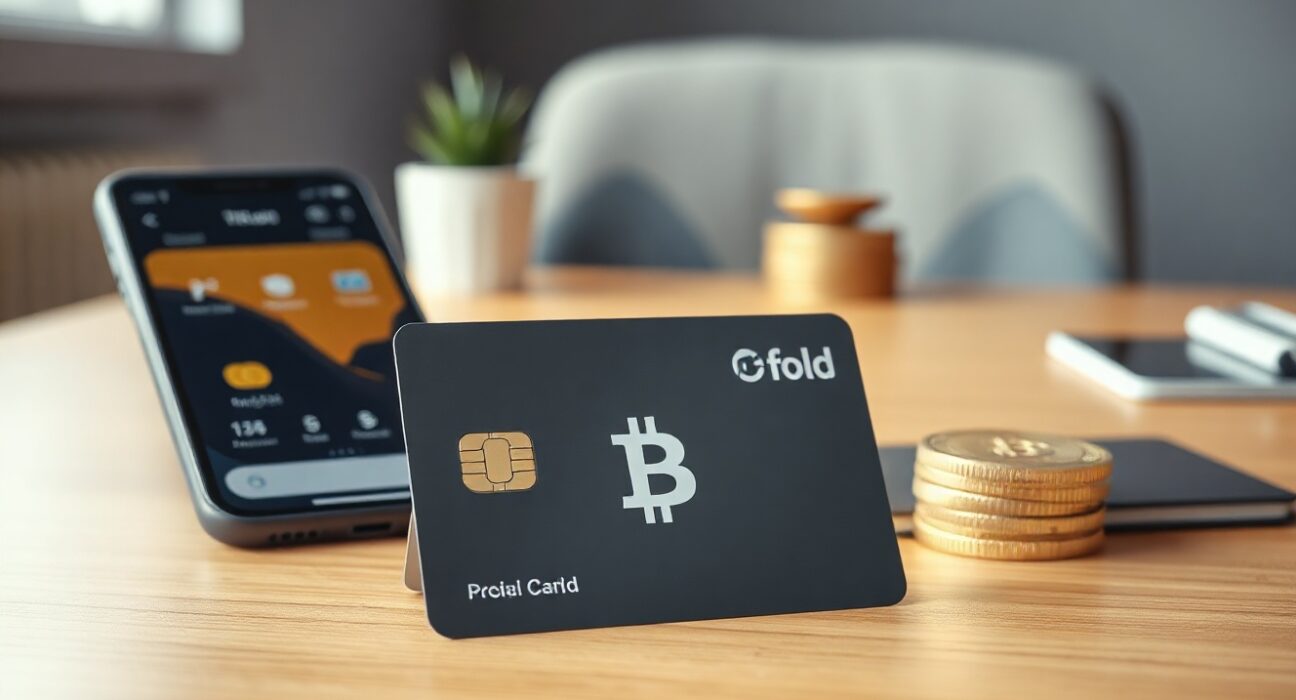 Fold Bitcoin rewards credit card on a desk with a smartphone displaying the Fold app in a professional office setting