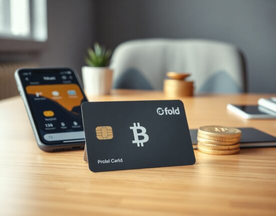 Fold Bitcoin rewards credit card on a desk with a smartphone displaying the Fold app in a professional office setting