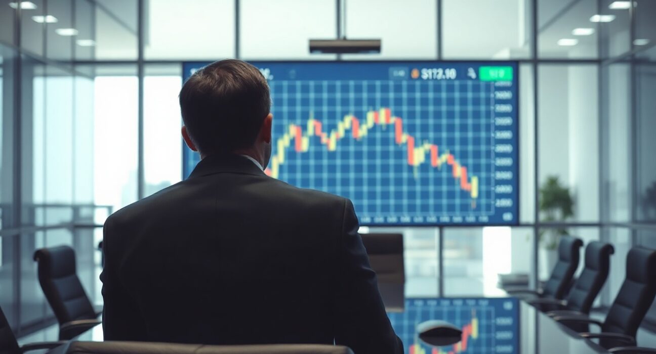 Financial analyst observing a declining Bitcoin price chart in a modern office, representing Fold's Bitcoin sale.