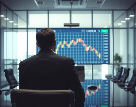 Financial analyst observing a declining Bitcoin price chart in a modern office, representing Fold's Bitcoin sale.