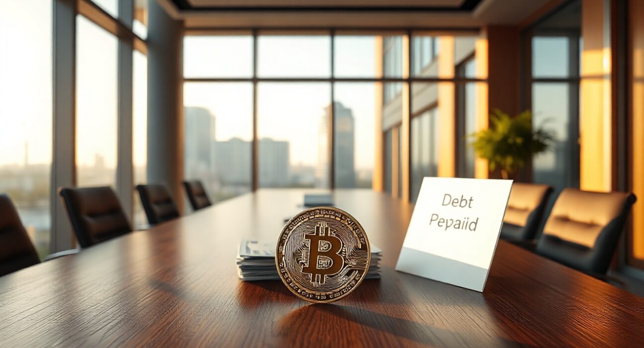 Bitcoin coin and dollar bills on a boardroom table representing Fold's debt repayment strategy.