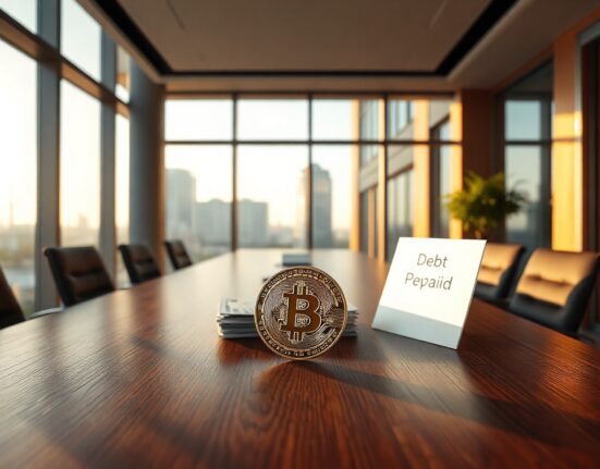 Bitcoin coin and dollar bills on a boardroom table representing Fold's debt repayment strategy.