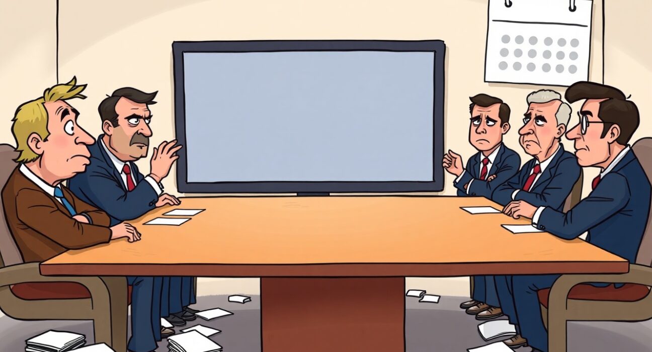 Cartoon illustrating the Federal Open Market Committee (FOMC) facing challenges reaching FOMC consensus due to missing economic data.