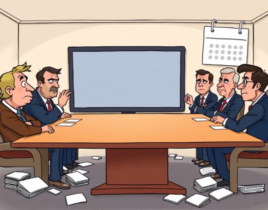 Cartoon illustrating the Federal Open Market Committee (FOMC) facing challenges reaching FOMC consensus due to missing economic data.