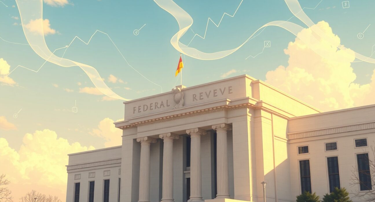 FOMC interest rates decision analysis showing Federal Reserve building with economic data visualization