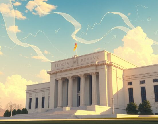 FOMC interest rates decision analysis showing Federal Reserve building with economic data visualization