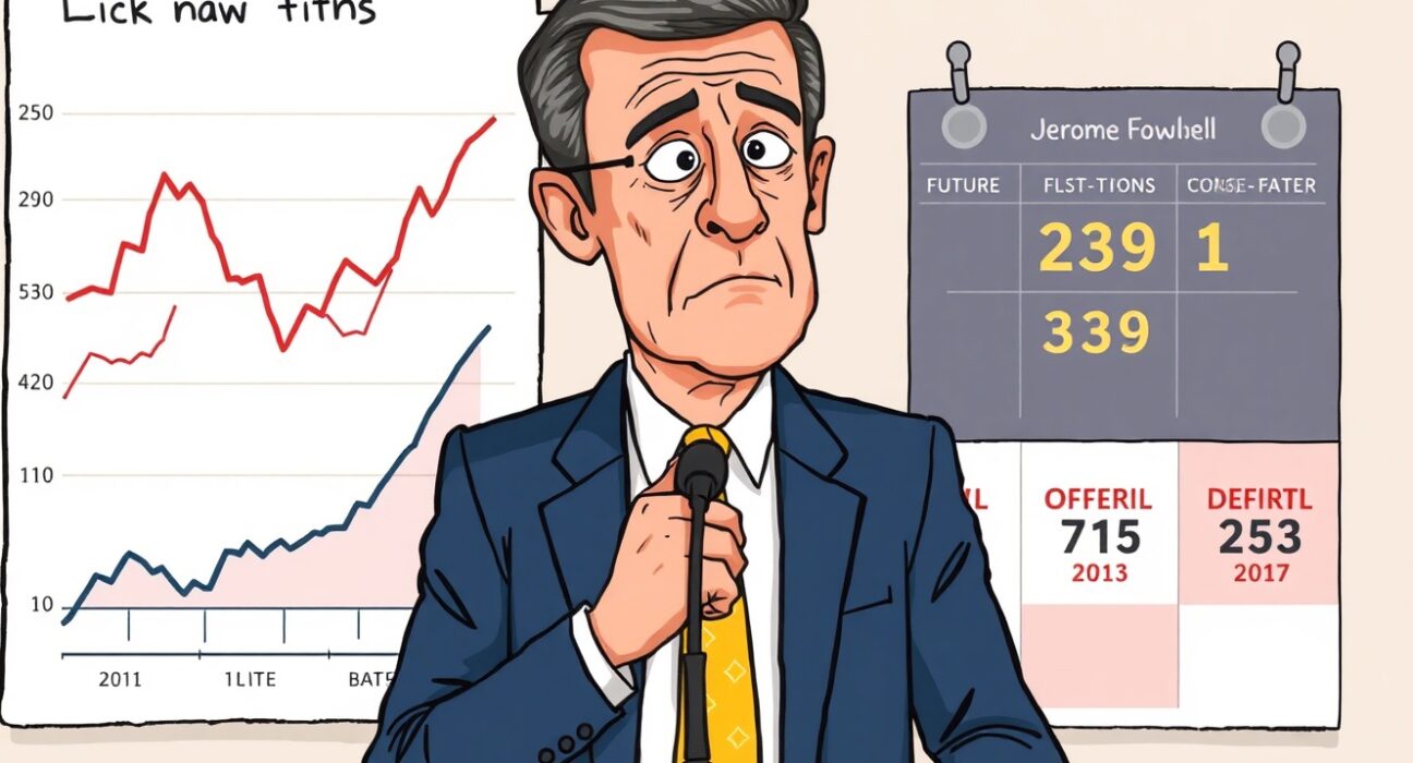 A cartoon illustration of Jerome Powell at a podium, contemplating economic data, symbolizing the uncertainty surrounding the upcoming FOMC meeting and future interest rate decisions.