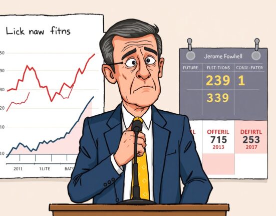 A cartoon illustration of Jerome Powell at a podium, contemplating economic data, symbolizing the uncertainty surrounding the upcoming FOMC meeting and future interest rate decisions.