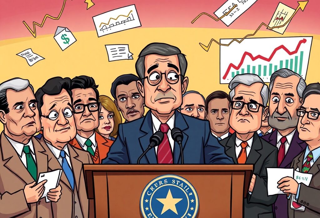 A cartoon illustration of Jerome Powell discussing the successful FOMC meeting and Federal Reserve interest rate policy.