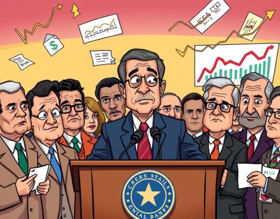 A cartoon illustration of Jerome Powell discussing the successful FOMC meeting and Federal Reserve interest rate policy.