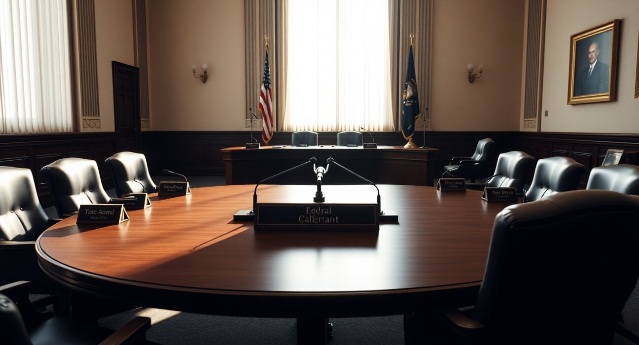 Interior of a formal meeting room at the Federal Reserve with a large wooden table and microphones.