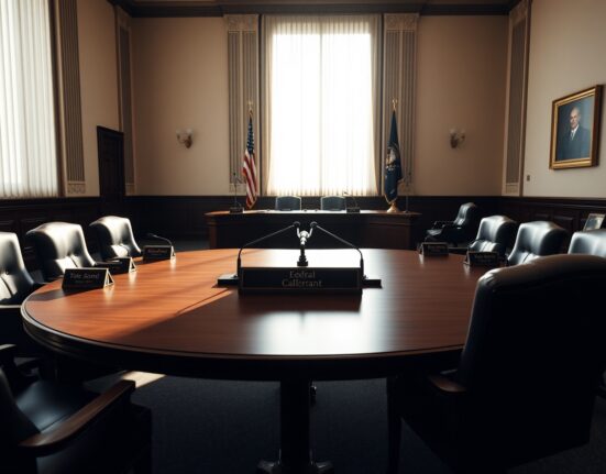 Interior of a formal meeting room at the Federal Reserve with a large wooden table and microphones.