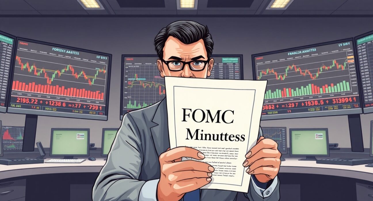 Financial analyst reviews FOMC Minutes and forex market charts following Federal Reserve policy announcement.