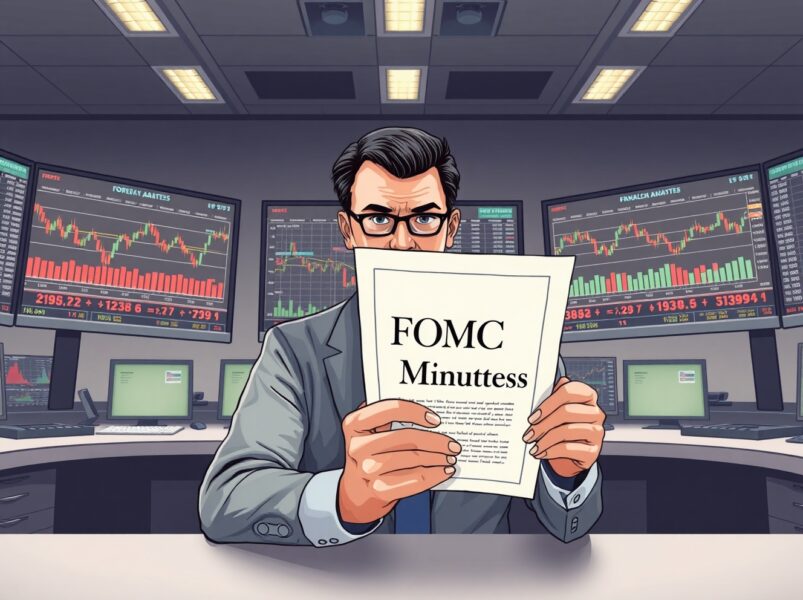 Financial analyst reviews FOMC Minutes and forex market charts following Federal Reserve policy announcement.
