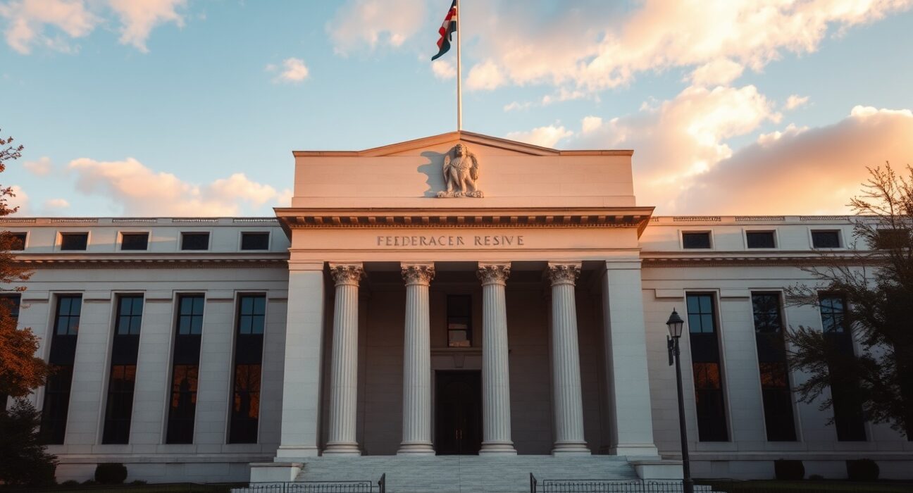 Federal Reserve building exterior in Washington, D.C. during golden hour
