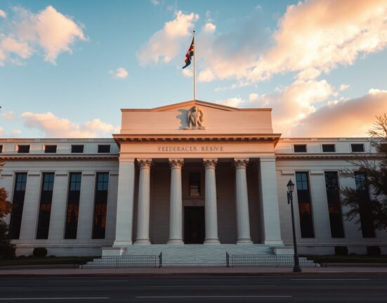 Federal Reserve building exterior in Washington, D.C. during golden hour