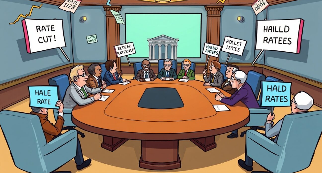 Federal Reserve officials debating FOMC minutes about interest rate cuts in animated boardroom setting