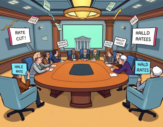 Federal Reserve officials debating FOMC minutes about interest rate cuts in animated boardroom setting