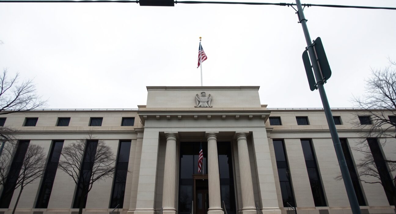 Exterior of the Federal Reserve building in Washington, D.C. under overcast skies.