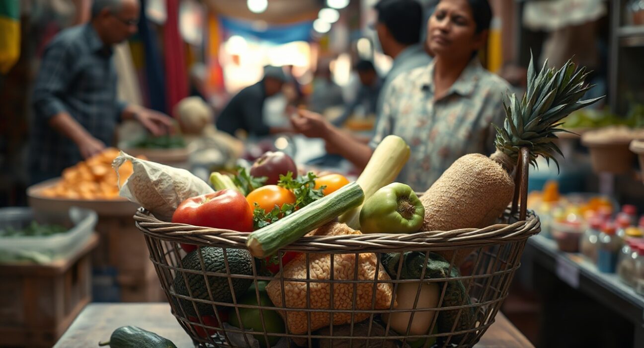 Fresh vegetables and grains in a basket at an Indian market, symbolizing food inflation pressures