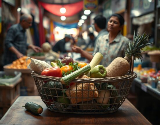Fresh vegetables and grains in a basket at an Indian market, symbolizing food inflation pressures