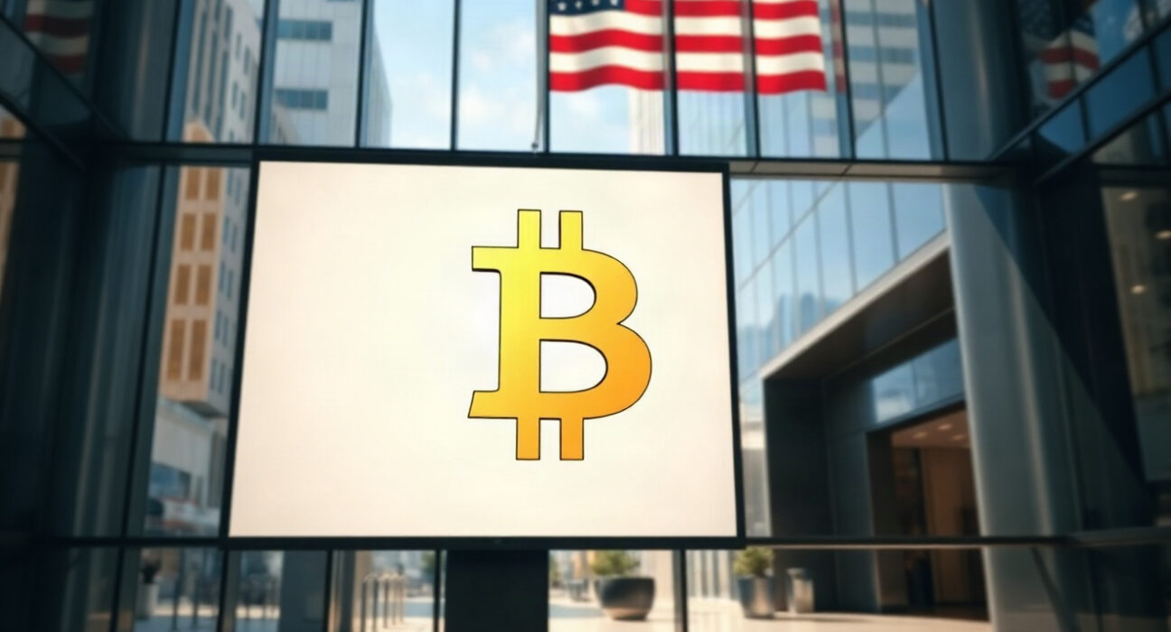 Bitcoin symbol displayed on a digital screen in a modern financial building, with a blurred American flag in the background