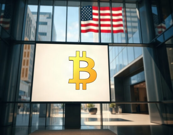 Bitcoin symbol displayed on a digital screen in a modern financial building, with a blurred American flag in the background