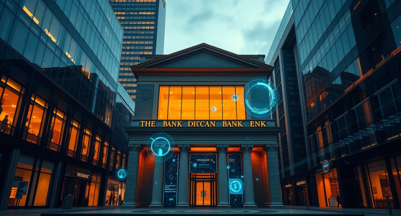 Modern financial district with digital blockchain overlays representing new digital financial institutions