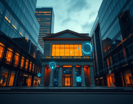 Modern financial district with digital blockchain overlays representing new digital financial institutions