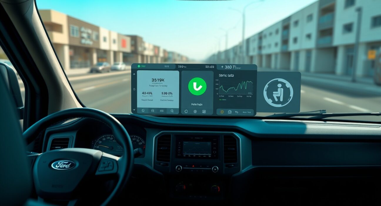 Ford commercial truck dashboard showing AI interface monitoring seatbelt usage for fleet management safety