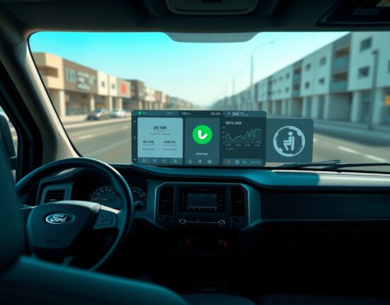 Ford commercial truck dashboard showing AI interface monitoring seatbelt usage for fleet management safety