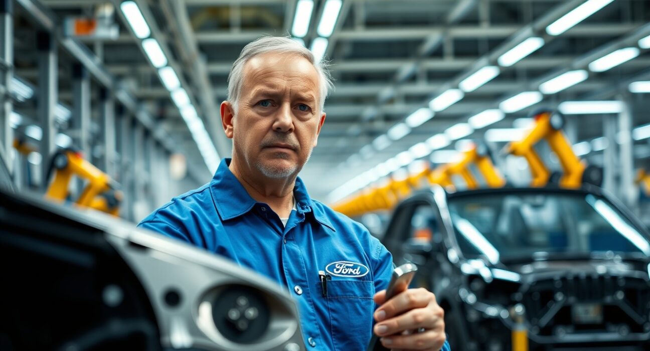 Senior engineer inspecting car part on Ford assembly line