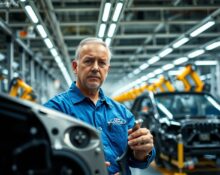 Senior engineer inspecting car part on Ford assembly line