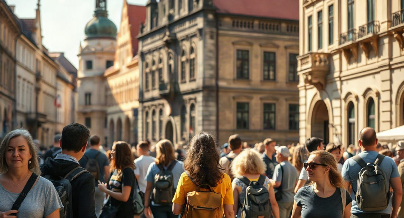 Tourists walking through a historic Central European city street, illustrating the growth in foreign tourism.
