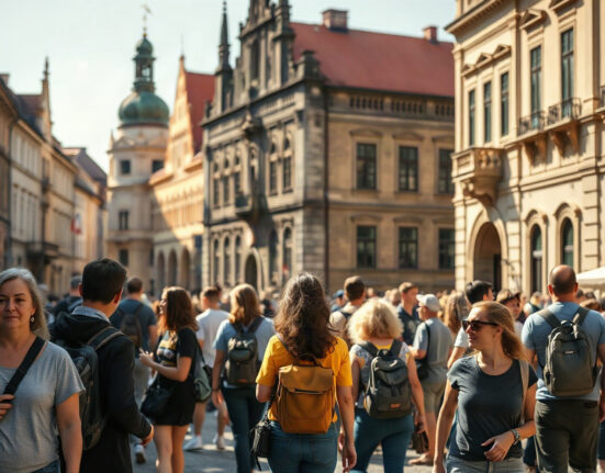Tourists walking through a historic Central European city street, illustrating the growth in foreign tourism.
