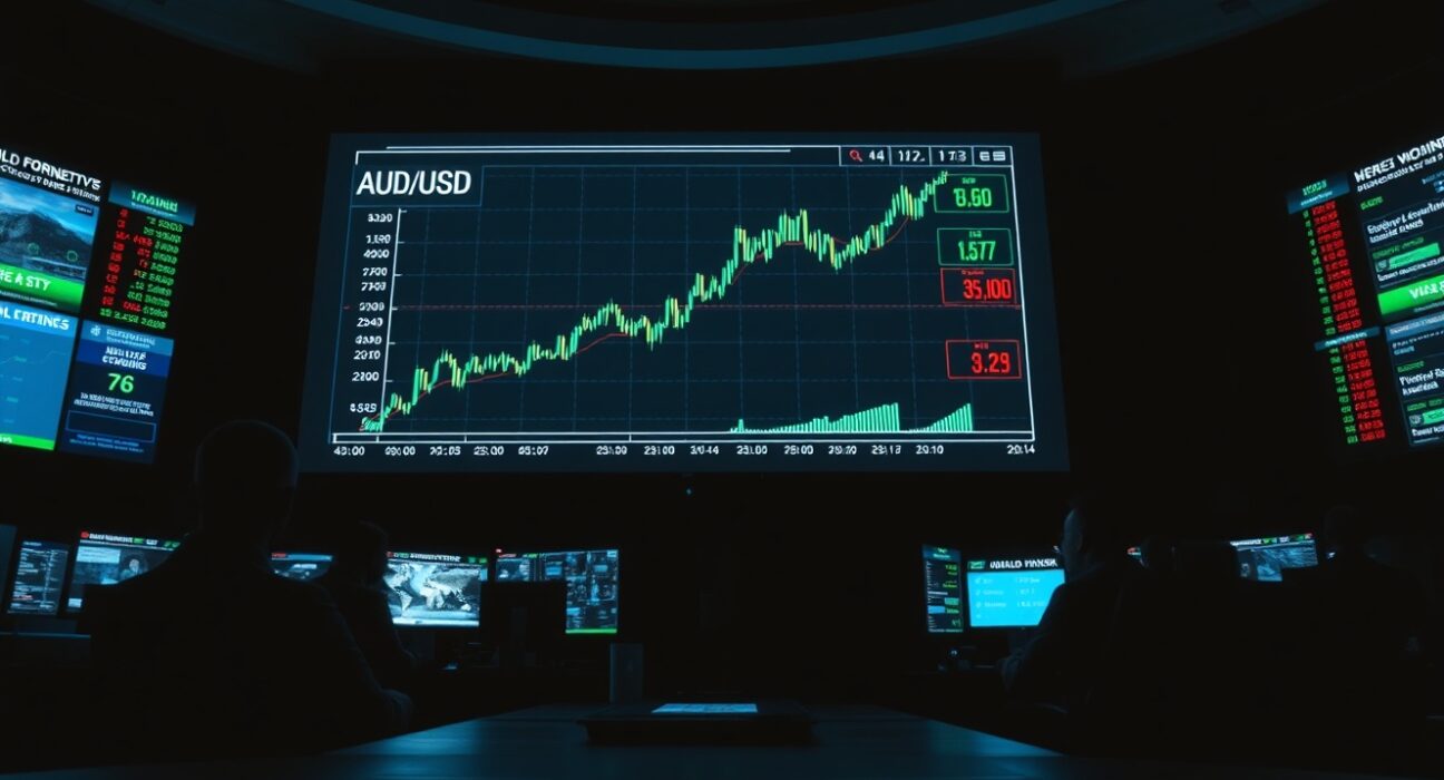 Digital trading screen showing AUD/USD forex chart with geopolitical news headlines in background