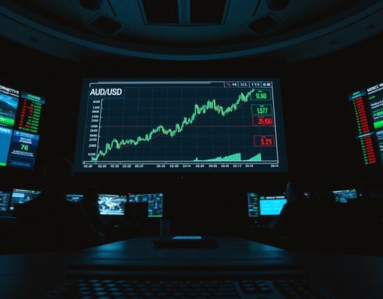 Digital trading screen showing AUD/USD forex chart with geopolitical news headlines in background